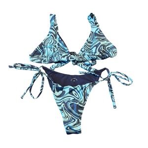 Kitty and Vibe Swirl Print Bikini Set Blue Teal Halter Tie Top Bottoms M1